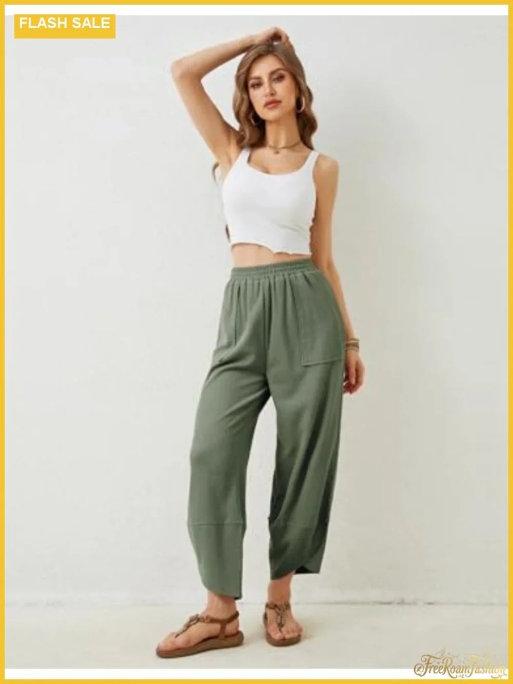 Womens Cotton Blend Wide Leg Pants Casual Loose Elastic Waist Palazzo Harem